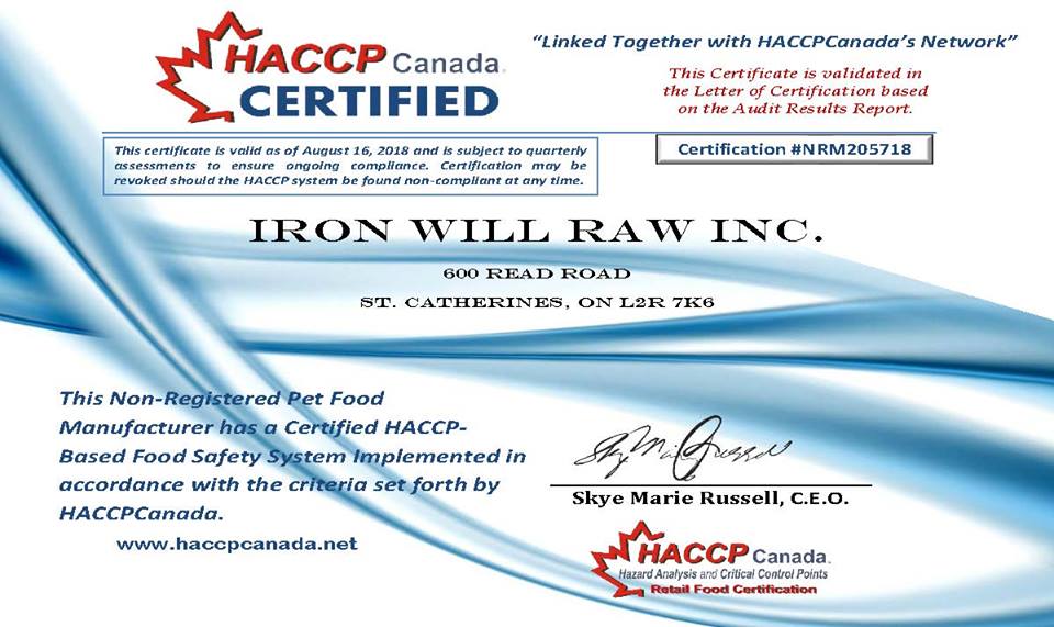 Iron Will Raw Inc. Becomes the First Raw Pet Food Manufacturer in Ontario to Receive the HACCP Certification